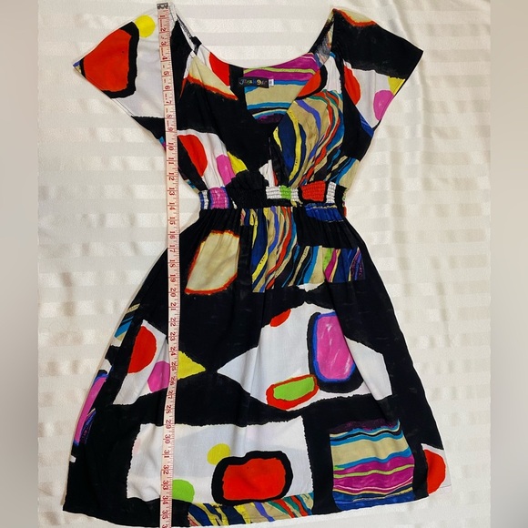 Jams World Short Cap Sleeve Dress Size S Abstract Black Multicolor Print V-Neck - Picture 3 of 12